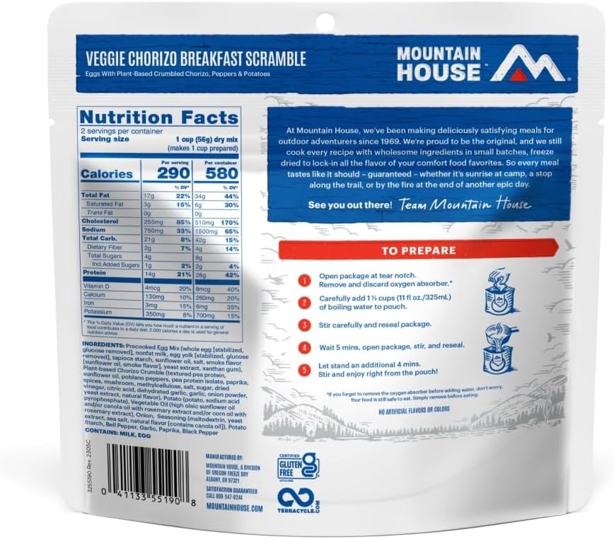 Mountain House Veggie Chorizo Breakfast Scramble | Freeze-Dried Backpacking & Camping Food | 6-Pack | Gluten-Free & Vegetarian