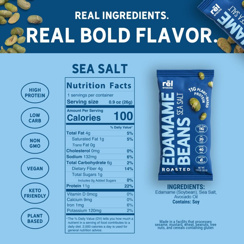 Rel Snacks Sea Salt Roasted Edamame Beans, High Protein Low Carb Snack, 11g Plant Protein, 2g Net Carbs, Keto, Vegan, Non-GMO, Made with Avocado Oil, 10 Single Serve 0.9 oz Packs