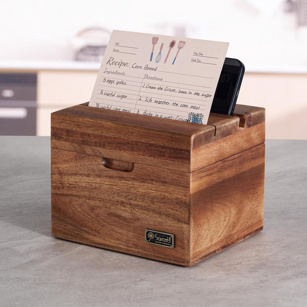 Acacia Wood Recipe Box with Phone Holder & Built-In Recipe Slot – Organizer Set with 100 4×6 Cards, Double Compartment, No Assembly Required – Gift for Cooking Lovers
