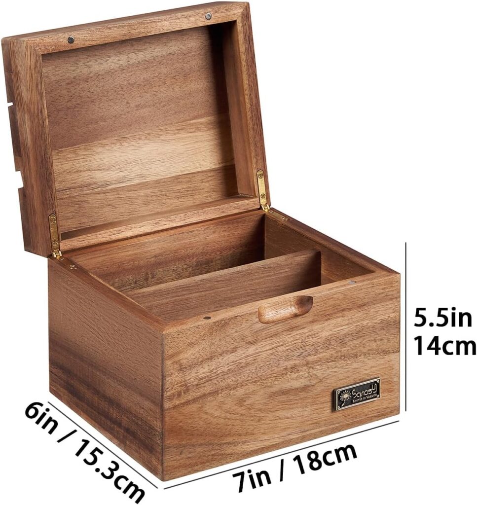 Acacia Wood Recipe Box with Phone Holder & Built-In Recipe Slot – Organizer Set with 100 4×6 Cards, Double Compartment, No Assembly Required – Gift for Cooking Lovers